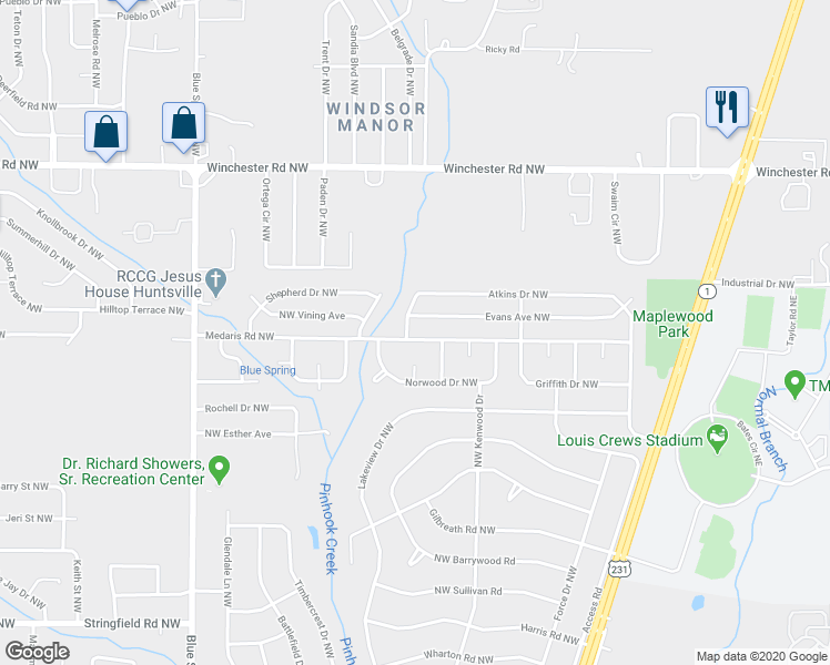 map of restaurants, bars, coffee shops, grocery stores, and more near 2228 Medaris Road Northwest in Huntsville