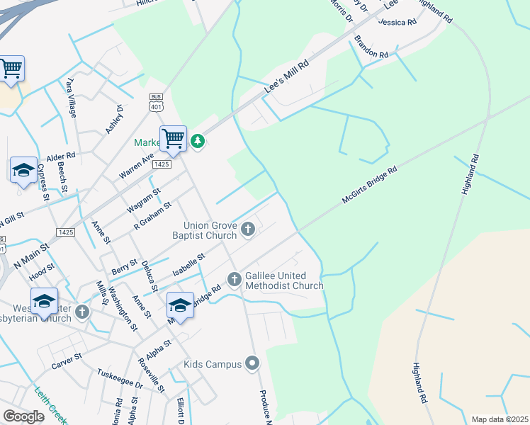 map of restaurants, bars, coffee shops, grocery stores, and more near 1031 Purcell Street in Laurinburg