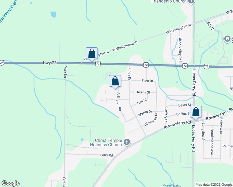 map of restaurants, bars, coffee shops, grocery stores, and more near 15747 Arlington Road in Athens