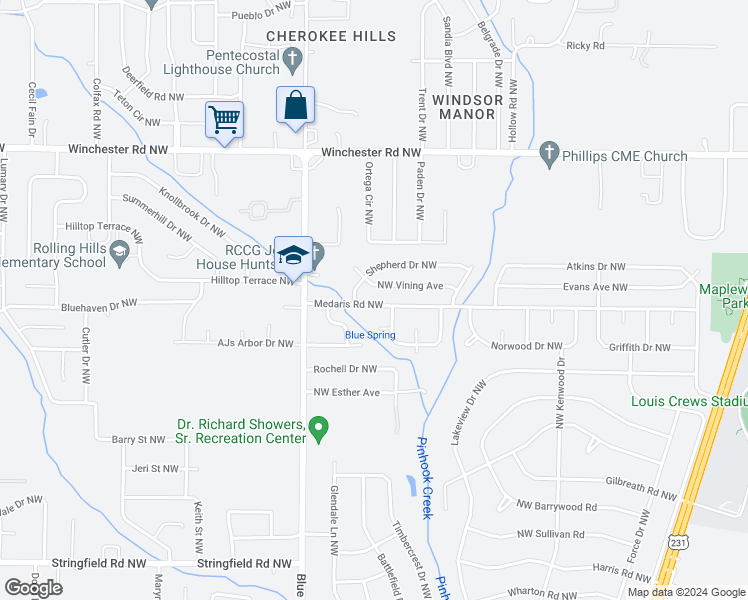 map of restaurants, bars, coffee shops, grocery stores, and more near 2424 Medaris Road Northwest in Huntsville