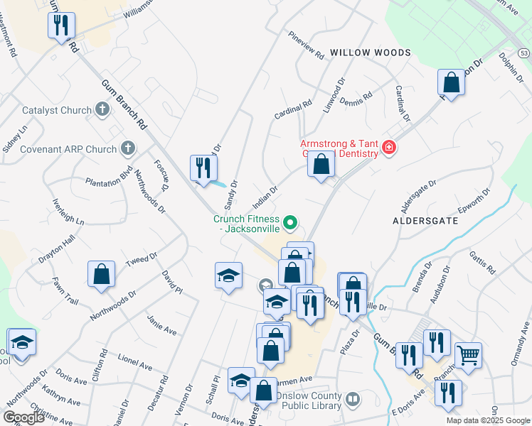 map of restaurants, bars, coffee shops, grocery stores, and more near Western Court in Jacksonville