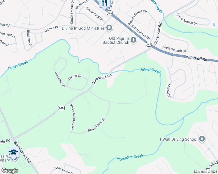 map of restaurants, bars, coffee shops, grocery stores, and more near 102 Bruce Farm Road in Simpsonville