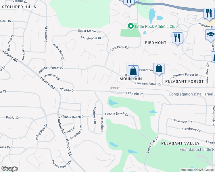 map of restaurants, bars, coffee shops, grocery stores, and more near 19 Flourite Court in Little Rock