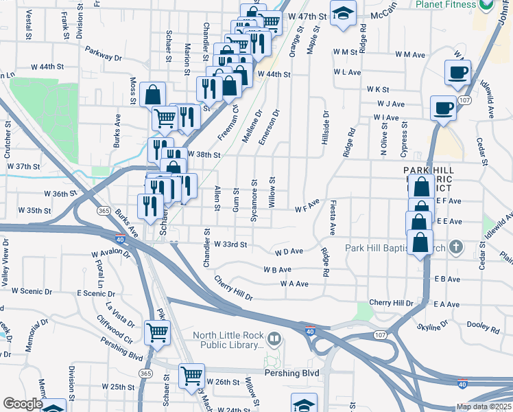 map of restaurants, bars, coffee shops, grocery stores, and more near 423 West 35th Street in North Little Rock
