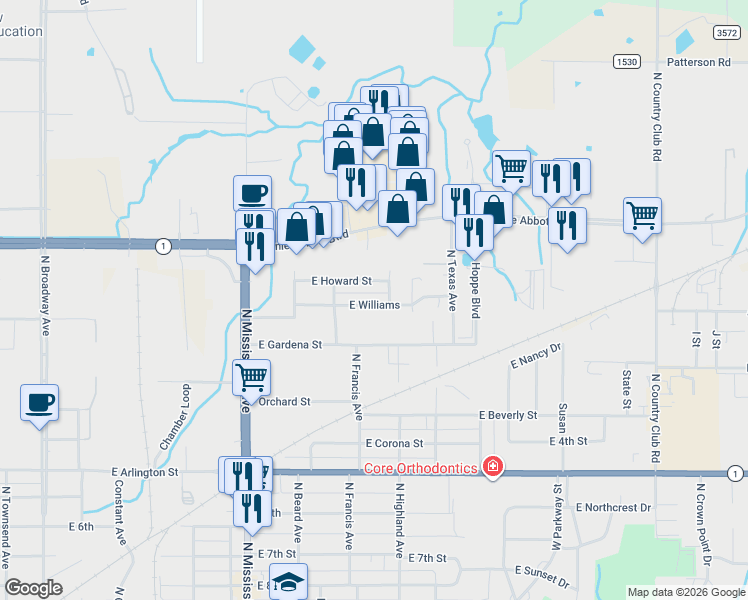 map of restaurants, bars, coffee shops, grocery stores, and more near 928 East Williams Street in Ada