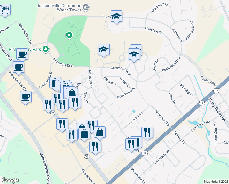 map of restaurants, bars, coffee shops, grocery stores, and more near 320 Providence Drive in Jacksonville