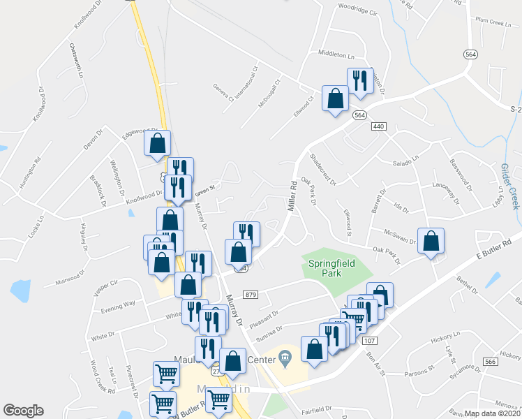 map of restaurants, bars, coffee shops, grocery stores, and more near 299 Miller Road in Mauldin