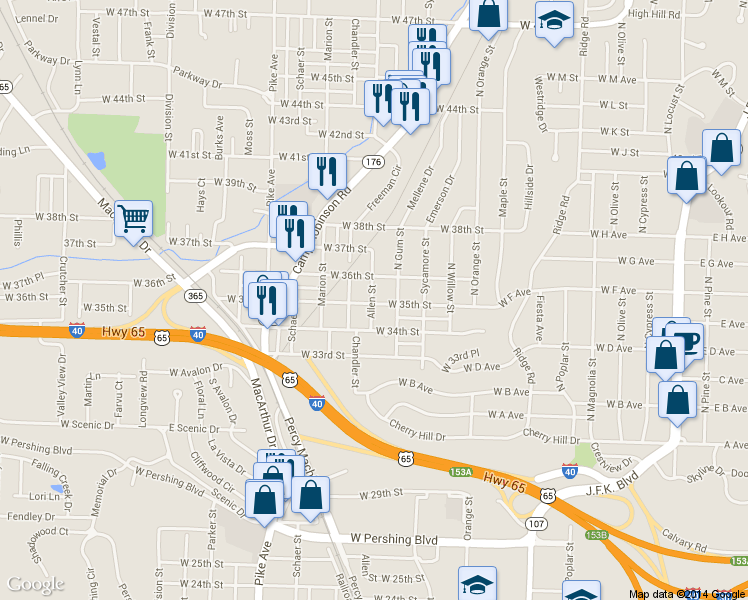 map of restaurants, bars, coffee shops, grocery stores, and more near 715 West 35th Street in North Little Rock