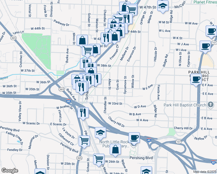 map of restaurants, bars, coffee shops, grocery stores, and more near 715 West 35th Street in North Little Rock