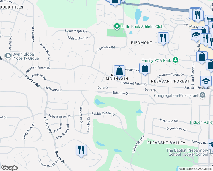 map of restaurants, bars, coffee shops, grocery stores, and more near 7 Garnet Court in Little Rock