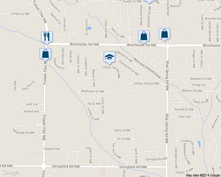 map of restaurants, bars, coffee shops, grocery stores, and more near 4628 Bluehaven Dr NW in Huntsville
