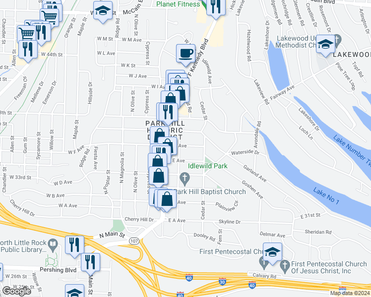 map of restaurants, bars, coffee shops, grocery stores, and more near 204 East F Avenue in North Little Rock
