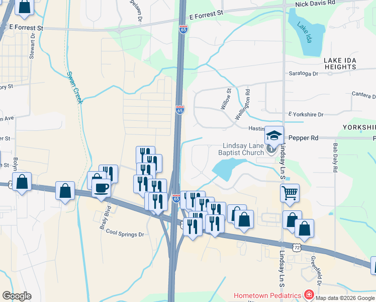 map of restaurants, bars, coffee shops, grocery stores, and more near 190 Summit Lakes Drive in Athens
