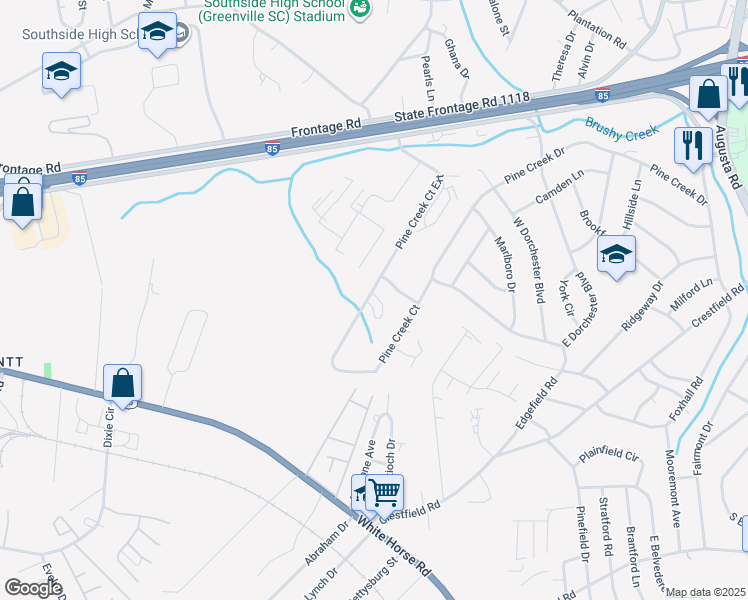 map of restaurants, bars, coffee shops, grocery stores, and more near 174 Pine Creek Court Extension in Greenville