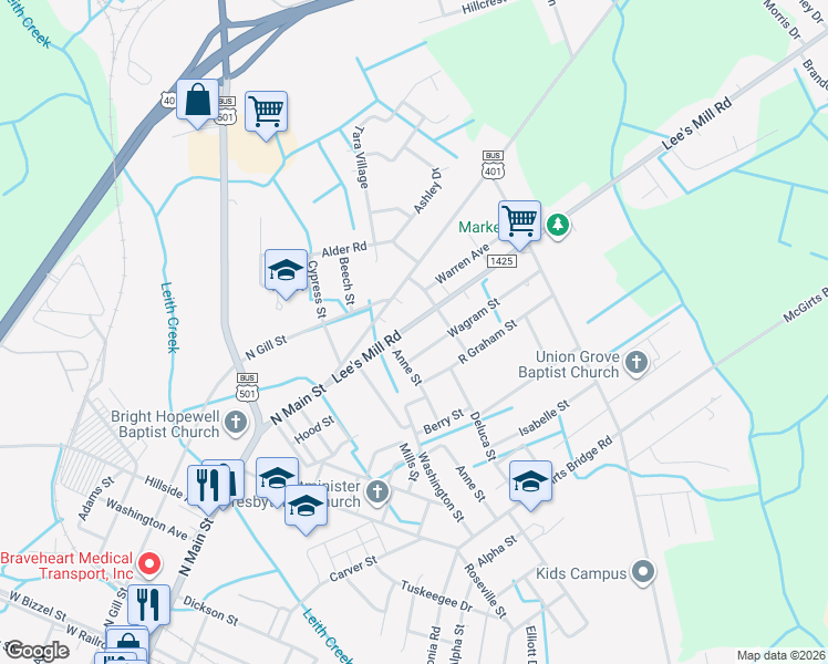 map of restaurants, bars, coffee shops, grocery stores, and more near 401 Lee's Mill Road in Laurinburg
