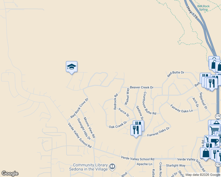 map of restaurants, bars, coffee shops, grocery stores, and more near 115 Merry Go Round Rock Road in Sedona