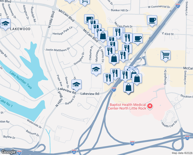 map of restaurants, bars, coffee shops, grocery stores, and more near 2400 Lakeview Road in North Little Rock