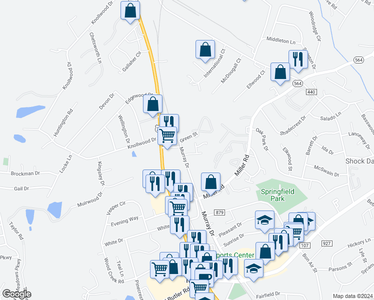 map of restaurants, bars, coffee shops, grocery stores, and more near 101 Murray Drive in Mauldin