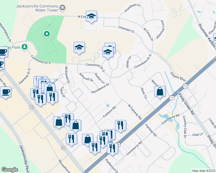 map of restaurants, bars, coffee shops, grocery stores, and more near 205 Providence Drive in Jacksonville