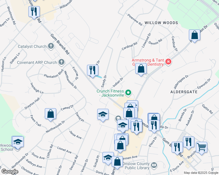 map of restaurants, bars, coffee shops, grocery stores, and more near 2322 Indian Drive in Jacksonville