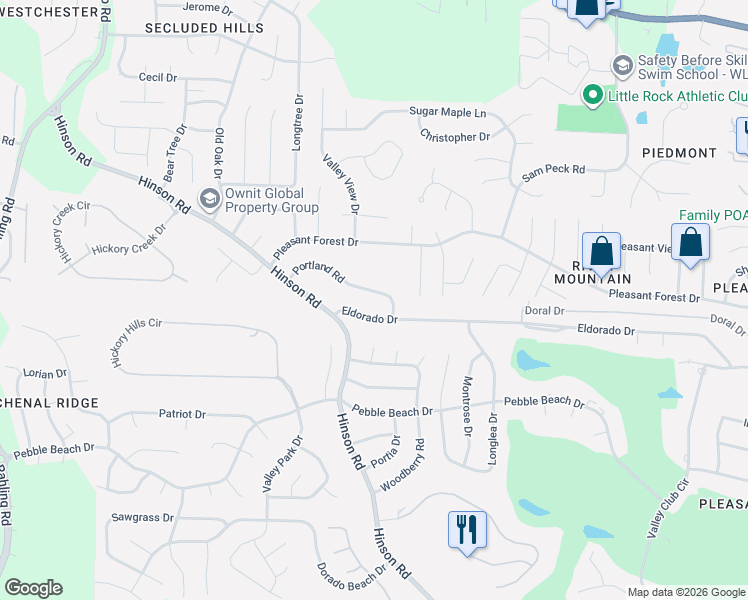 map of restaurants, bars, coffee shops, grocery stores, and more near 21 Portland Road in Little Rock