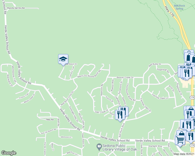 map of restaurants, bars, coffee shops, grocery stores, and more near 115 Merry Go Round Rock Rd in Sedona