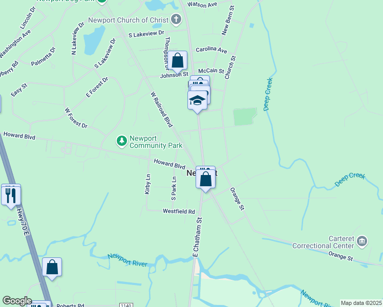 map of restaurants, bars, coffee shops, grocery stores, and more near E Railroad Blvd in Newport