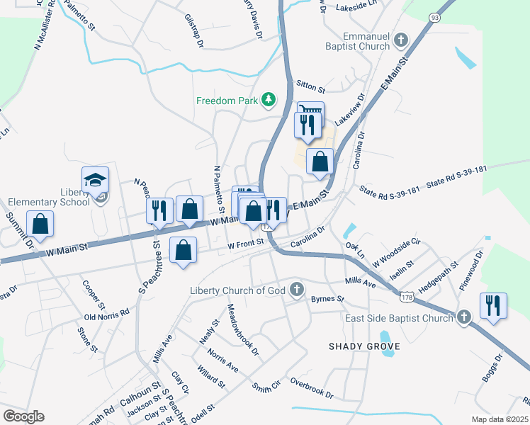 map of restaurants, bars, coffee shops, grocery stores, and more near 4 Pickens Drive in Liberty