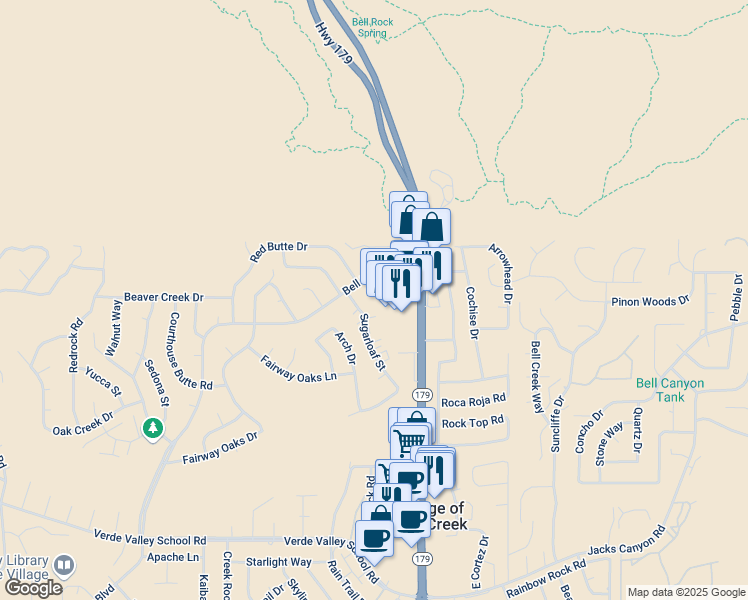 map of restaurants, bars, coffee shops, grocery stores, and more near 81 Bell Rock Plaza in Sedona