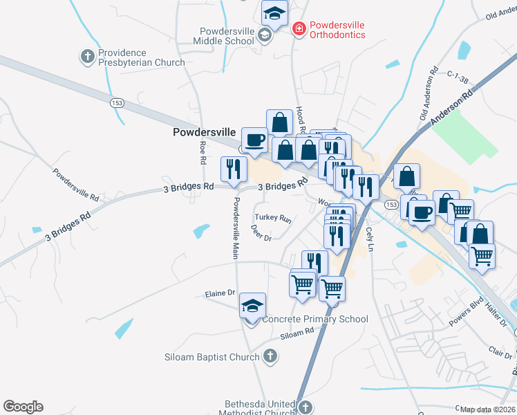 map of restaurants, bars, coffee shops, grocery stores, and more near 103 Deer Drive in Greenville