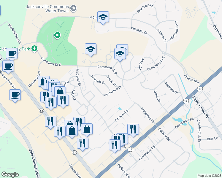 map of restaurants, bars, coffee shops, grocery stores, and more near 102 Ashcroft Drive in Jacksonville