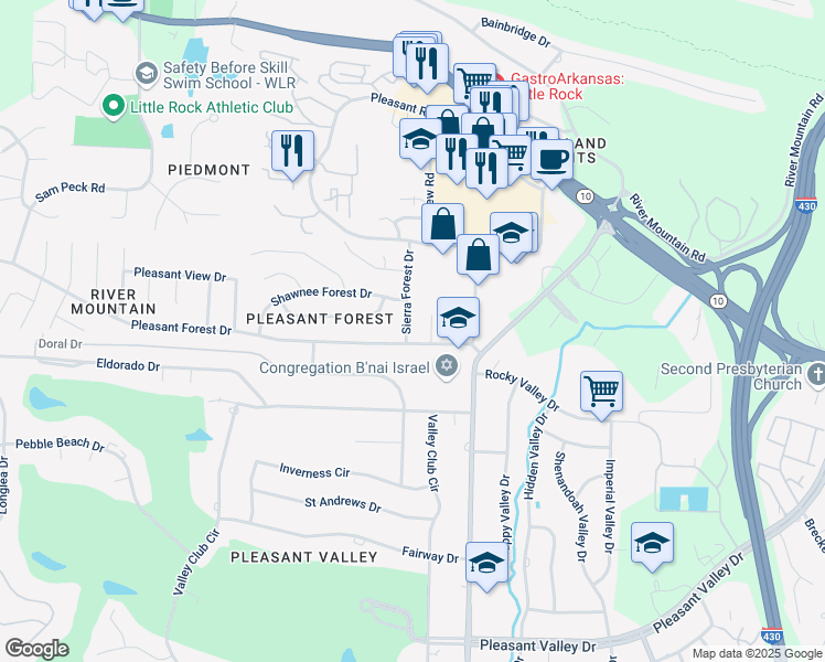 map of restaurants, bars, coffee shops, grocery stores, and more near 3723 Sierra Forest Drive in Little Rock