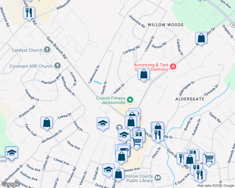 map of restaurants, bars, coffee shops, grocery stores, and more near 2301 Indian Drive in Jacksonville