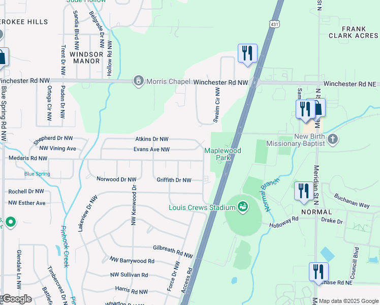 map of restaurants, bars, coffee shops, grocery stores, and more near 2111 Evans Avenue Northwest in Huntsville