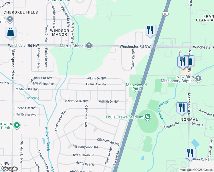 map of restaurants, bars, coffee shops, grocery stores, and more near 2127 Evans Avenue Northwest in Huntsville