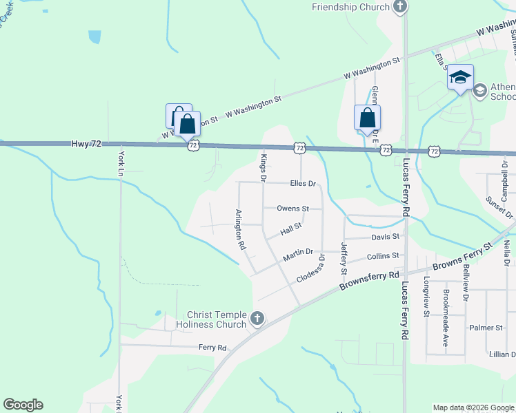 map of restaurants, bars, coffee shops, grocery stores, and more near 15671 Kings Drive in Athens