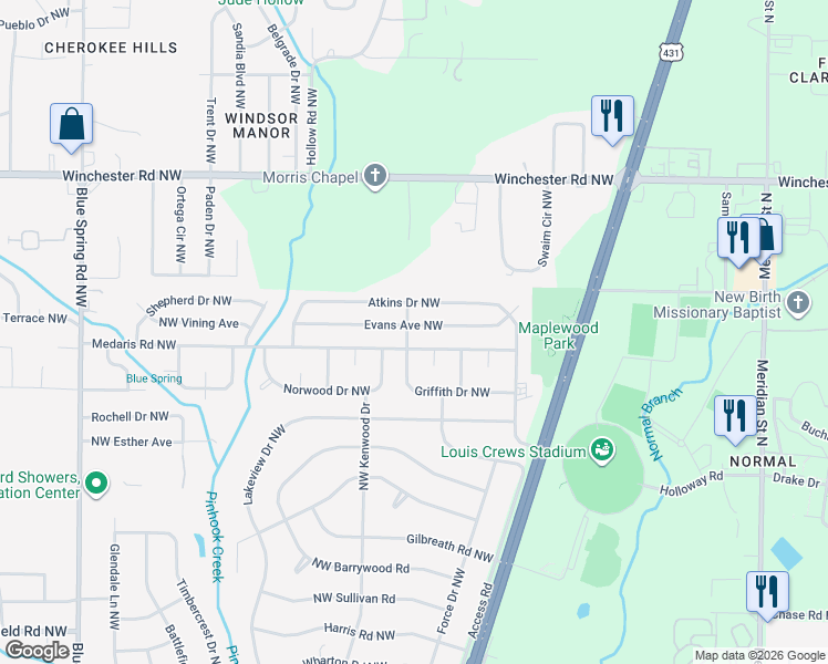 map of restaurants, bars, coffee shops, grocery stores, and more near 4902 Griffith Drive Northwest in Huntsville