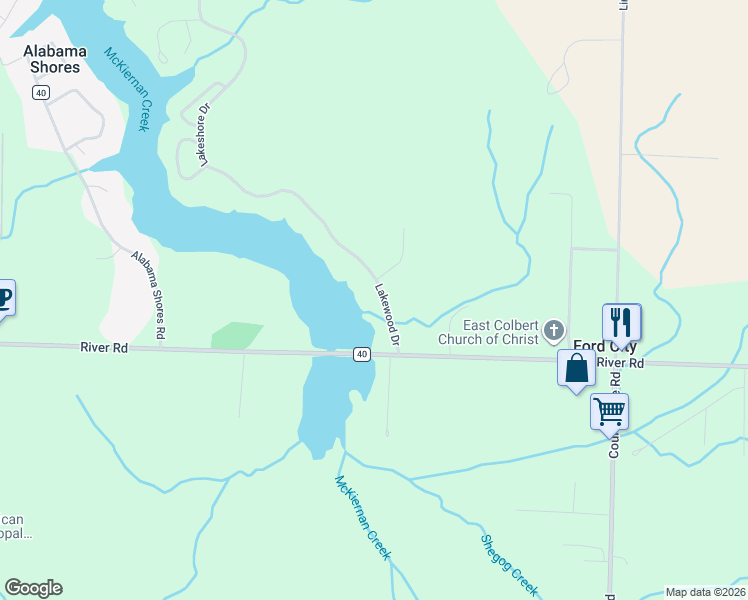 map of restaurants, bars, coffee shops, grocery stores, and more near 87-195 Lakewood Drive in Muscle Shoals