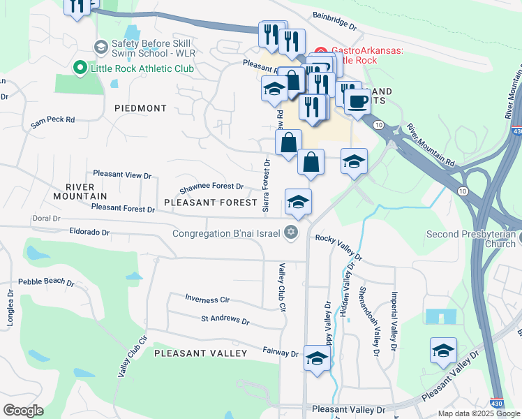 map of restaurants, bars, coffee shops, grocery stores, and more near 3723 Sierra Forest Drive in Little Rock