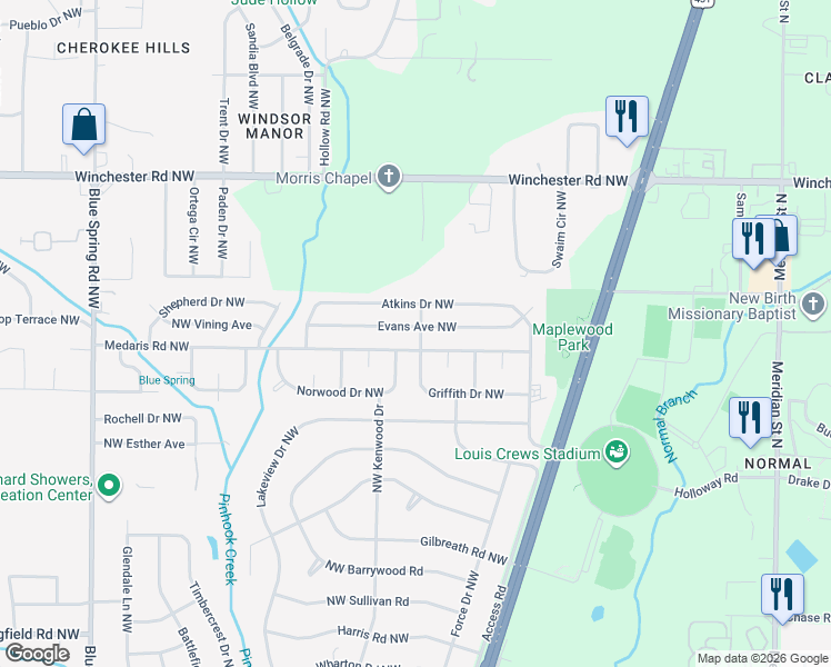 map of restaurants, bars, coffee shops, grocery stores, and more near 4902 Griffith Drive Northwest in Huntsville