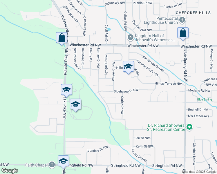 map of restaurants, bars, coffee shops, grocery stores, and more near 4805 Doyce Lane Northwest in Huntsville