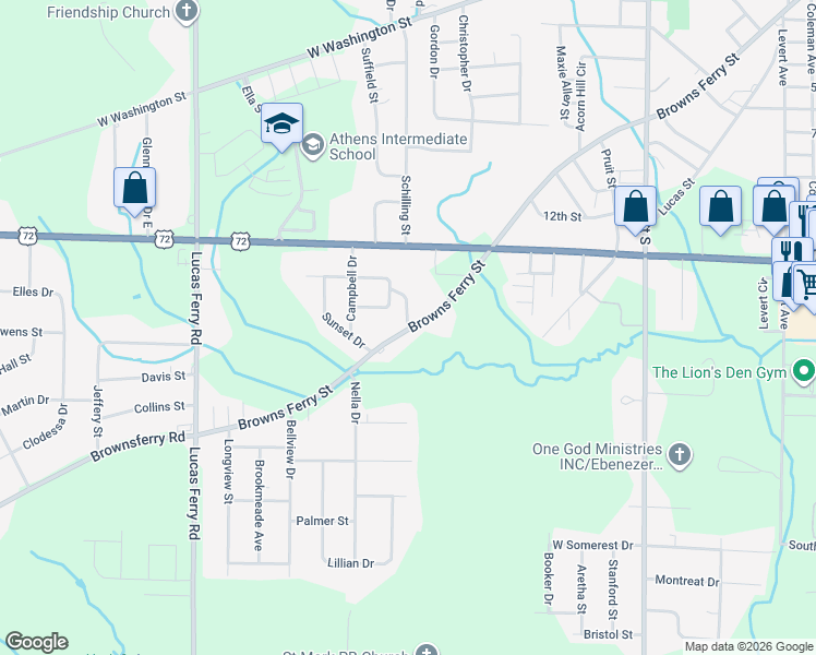 map of restaurants, bars, coffee shops, grocery stores, and more near 103 Sunrise Street in Athens