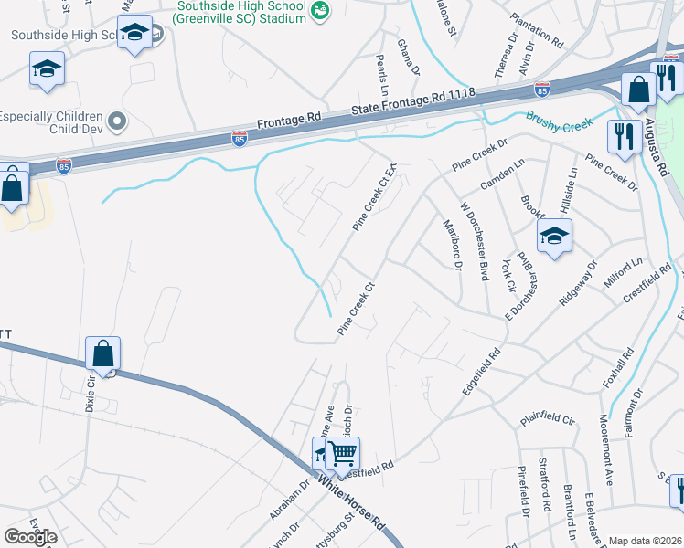 map of restaurants, bars, coffee shops, grocery stores, and more near 174 Pine Creek Court Extension in Greenville