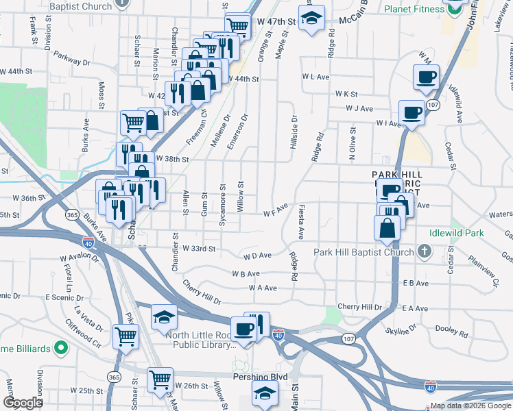 map of restaurants, bars, coffee shops, grocery stores, and more near 3505 Orange Street in North Little Rock