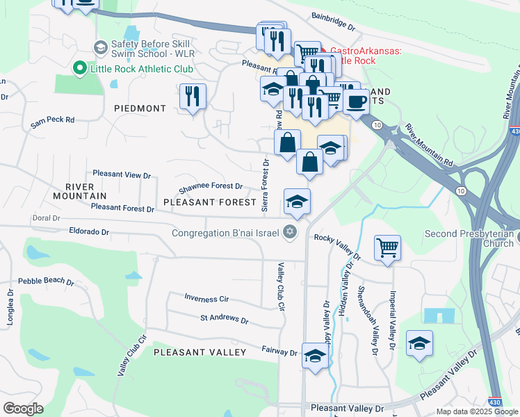 map of restaurants, bars, coffee shops, grocery stores, and more near 3723 Sierra Forest Drive in Little Rock