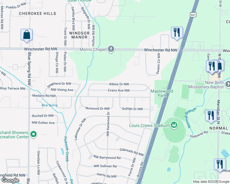 map of restaurants, bars, coffee shops, grocery stores, and more near 4902 Griffith Drive Northwest in Huntsville