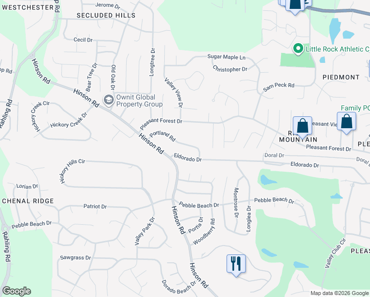 map of restaurants, bars, coffee shops, grocery stores, and more near 21 Portland Road in Little Rock