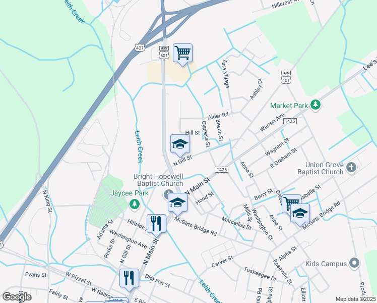 map of restaurants, bars, coffee shops, grocery stores, and more near 831 North Gill Street in Laurinburg