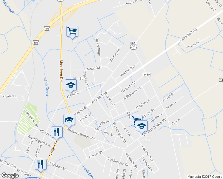 map of restaurants, bars, coffee shops, grocery stores, and more near 401 Lee's Mill Rd in Laurinburg