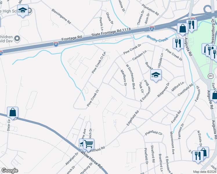 map of restaurants, bars, coffee shops, grocery stores, and more near 838 Pine Creek Drive in Greenville